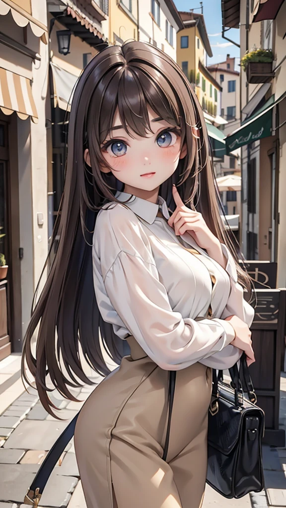 A 19-year-old Italian woman、olive-toned healthy skin。sleek and rich dark brown hair。Light-colored eyes。moderately toned physique、Balanced proportions。Italian chic, cute outfit。expression is bright and lively。background is a typical Italian cityscape。