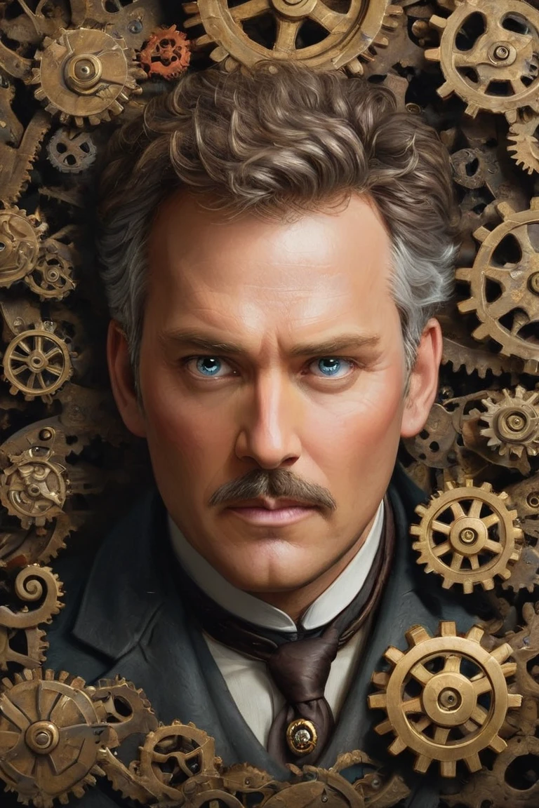 "A close-up of the leader's face with a dramatic, heroic expression, surrounded by floating historical artifacts and whimsical symbols like question marks and gears. His eyes sparkle with a hint of mischief, revealing a hidden, quirky side behind his powerful persona."