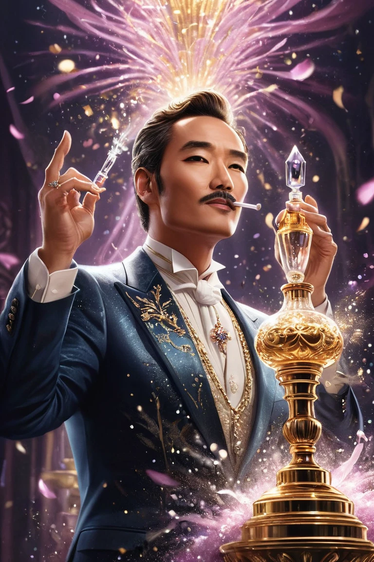 "An over-the-top depiction of the leader applying perfume from a gigantic, glittering bottle with a dramatic flair. The scene is filled with animated sparkles and swirling fragrance trails, while the leader is striking a flamboyant pose, as if he’s on a grand stage of a perfume commercial."