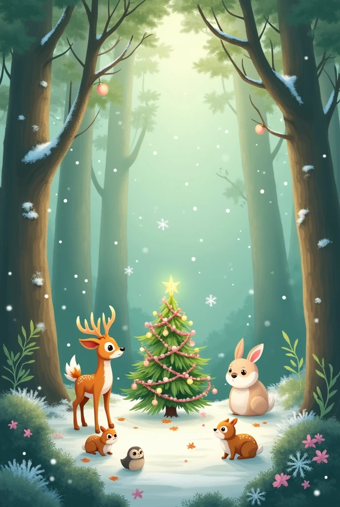 make a publish material about christmas with forest theme with the color pastel hellow and pastel green
