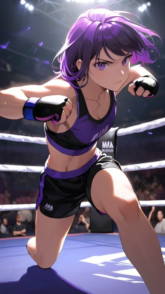 (MMA Arena :1.1), (Lighting:1.1), (Shadow:1.1), masterpiece, best quality, Multi haired Short black, Wearing half black and half purple jacket, wearing fingerless gloves, black tank top shirt, black shorts, purple pupil eyes, Punching Pose, Intimidate Face, MMA Arena.