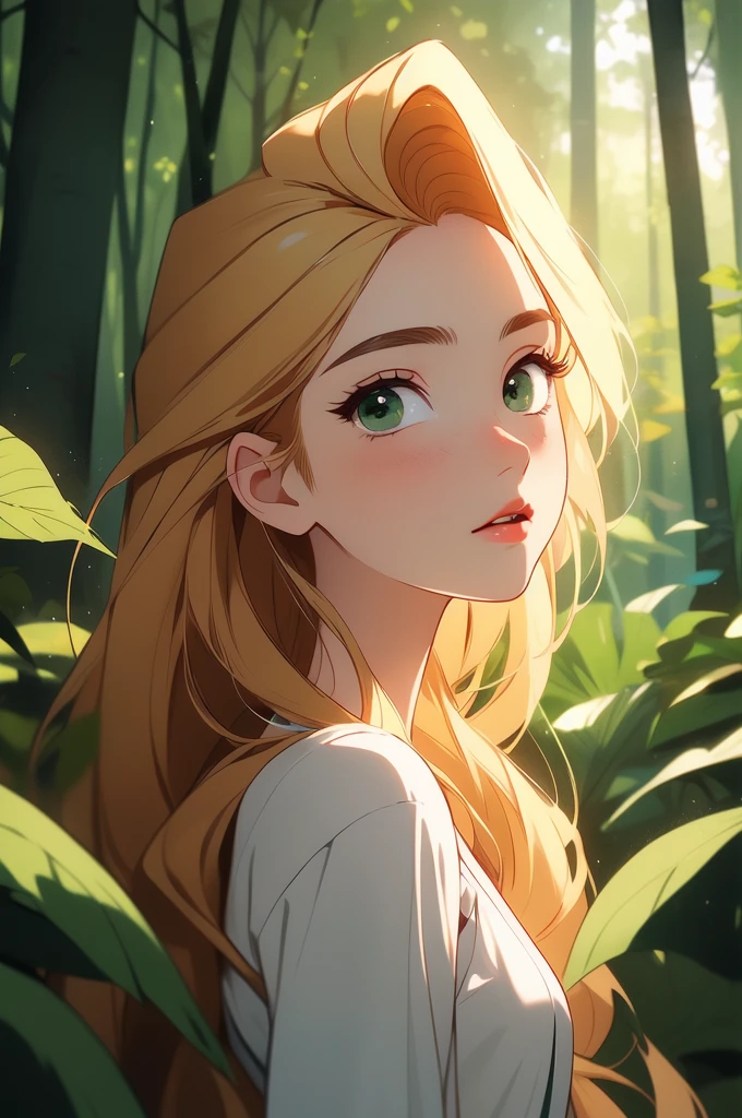 (masterpiece, best quality, high resolution:1.4), rapunzel, green eyes, straight hair, looking at viewer, nature, forest 