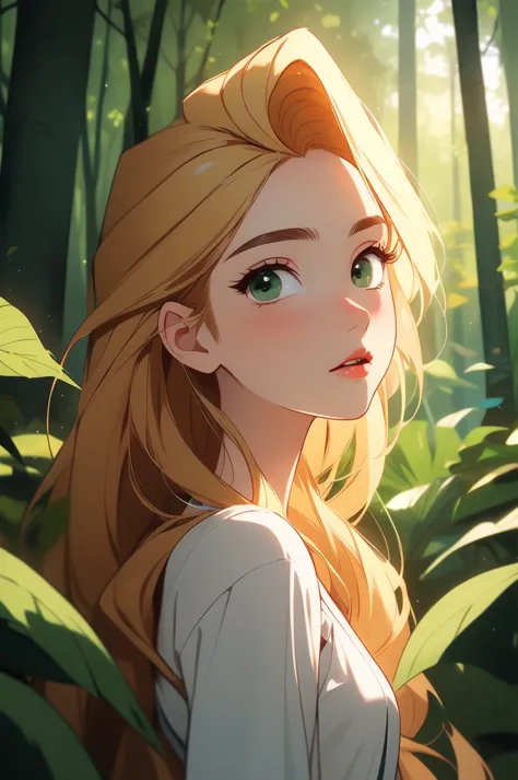 (masterpiece, best quality, high resolution:1.4), rapunzel, green eyes, straight hair, looking at viewer, nature, forest