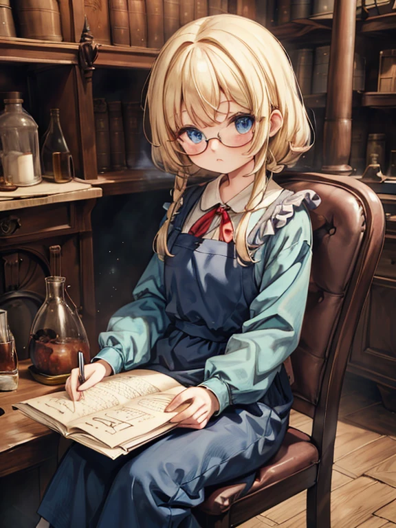 masterpiece, Highest quality, Very detailed, 8k, Ultra-high resolution, Cowboy Shot, One , Detailed face、Perfect Fingers, blue eyes, Glasses, blonde, Long Hair, Braiding, Red ribbon on head, Blue clothes, White apron, Luxurious Western-style building, library, Bookshelf, table, (Sit on a chair:1.7), read, Renaissance_Alchemist_studio