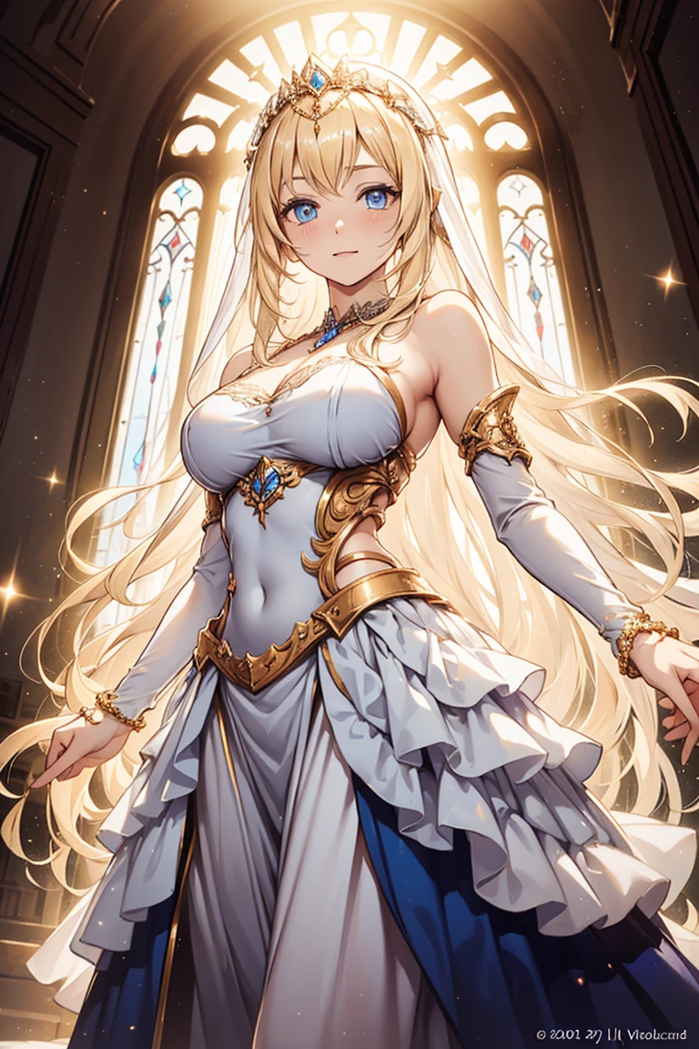 Teenage Girl，Fantasy World Princess，obsessed，Full Breasts，in love，sacred，(And the White Princess Dress:1.3)，Blonde hair and blue eyes，Blue eyes，Super super details，Ruffles，大量Lace，(There are stripes on the clothes:1.2)，(Dress nicely:1.1)，(Layered Skirt),Sheer and transparent clothing，Beautiful and delicate face，Movie Lighting，night，The only person，Lace,(shine:1.2), (Best quality), (masterpiece:1.2),sparkling gemstones