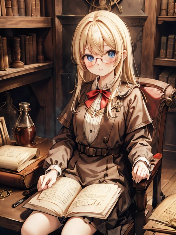 masterpiece, Highest quality, Very detailed, 8k, Ultra-high resolution, Cowboy Shot, One , Detailed face、Perfect Fingers, blue eyes, Glasses, blonde, Long Hair, Braiding, Red ribbon on head, Lace dress, Luxurious Western-style building, library, Bookshelf, table, (Sit on a chair:1.7), I read a book, Renaissance_Alchemist_studio