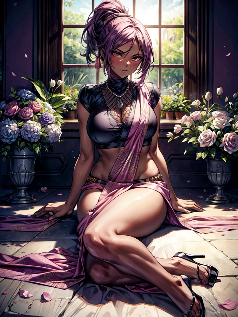 masterpiece, absurdres, yoruichi, 1girl, solo, smiling, mature female, wearing indian saree, saree,  looking at viewelling petals), perfect composition, detailed lips, big breast, beautiful face, body proportion, blush, (pink lips), purple hair, ponytail hair, soft gaze, super realistic, detailed, photoshoot, realistic face and body, full body picture, 16k, at a flower garden, wearing high heels, sitting, dark skin