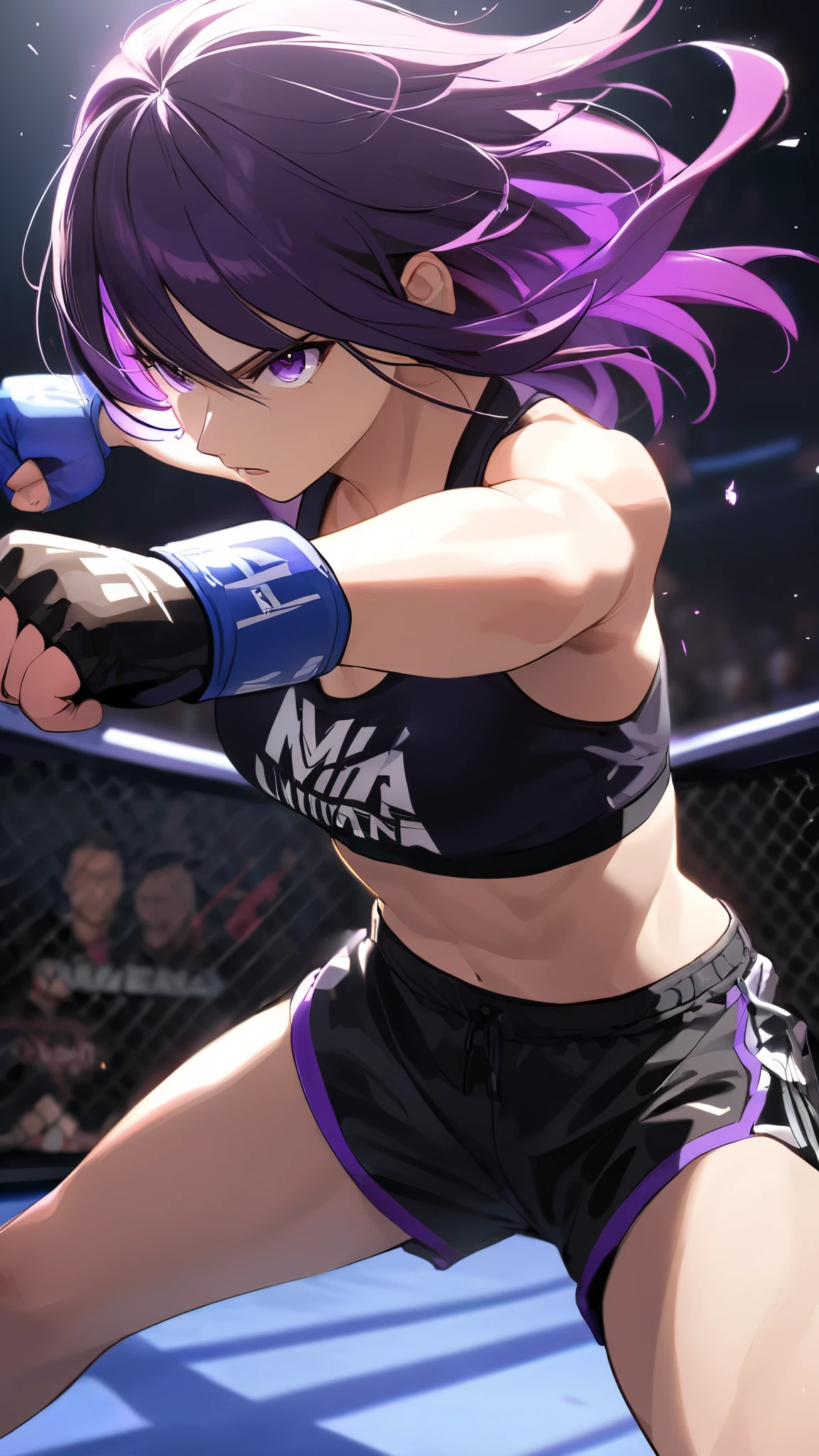 (MMA Arena :1.1), (Lighting:1.1), (Shadow:1.1), masterpiece, best quality, Multi haired Short black, Wearing half black and half purple jacket, wearing fingerless gloves, black tank top shirt, black shorts, purple pupil eyes, Punching Pose, Intimidate Face, MMA Arena.