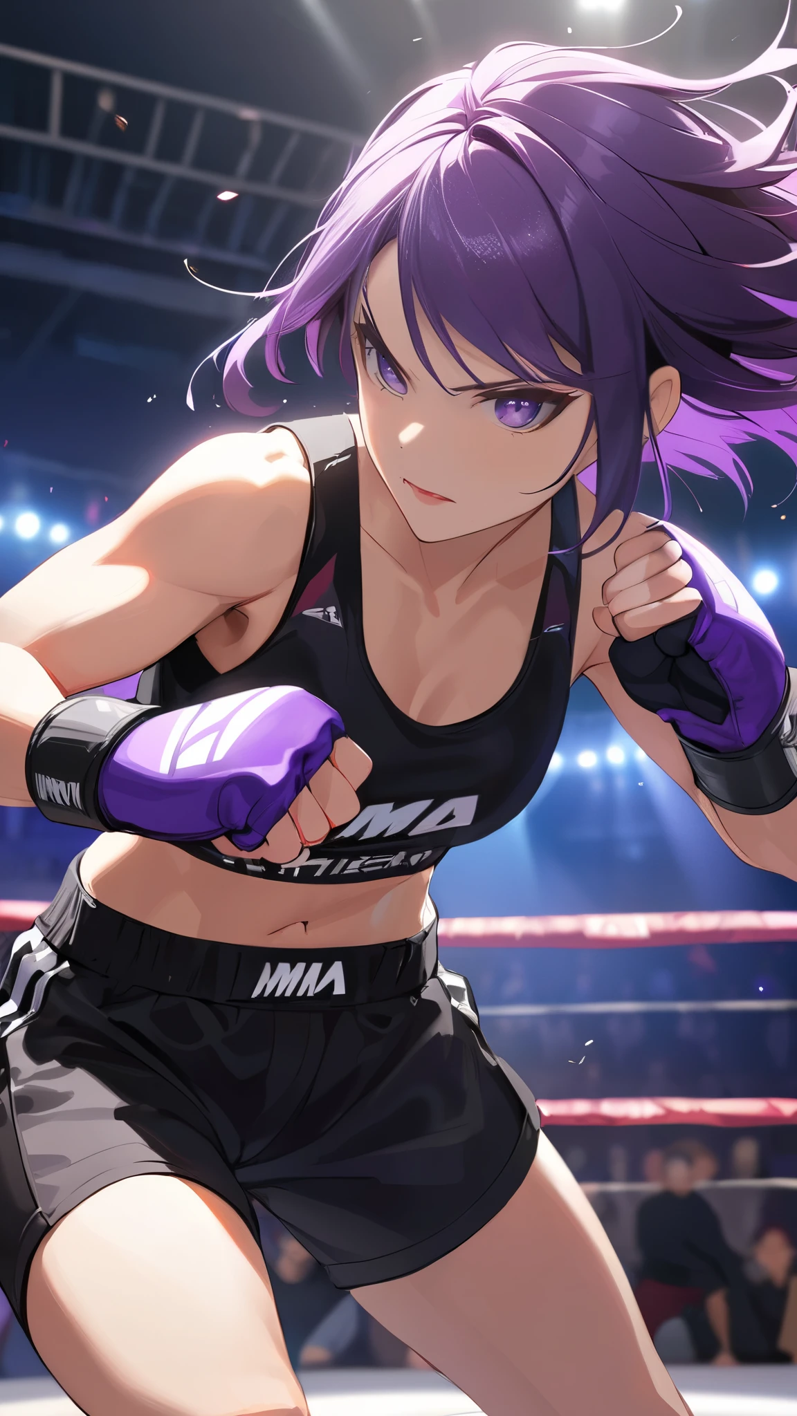 (MMA Arena :1.1), (Lighting:1.1), (Shadow:1.1), masterpiece, best quality, Multi haired Short black, Wearing half black and half purple jacket, wearing fingerless gloves, black tank top shirt, black shorts, purple pupil eyes, Punching Pose, Intimidate Face, MMA Arena.