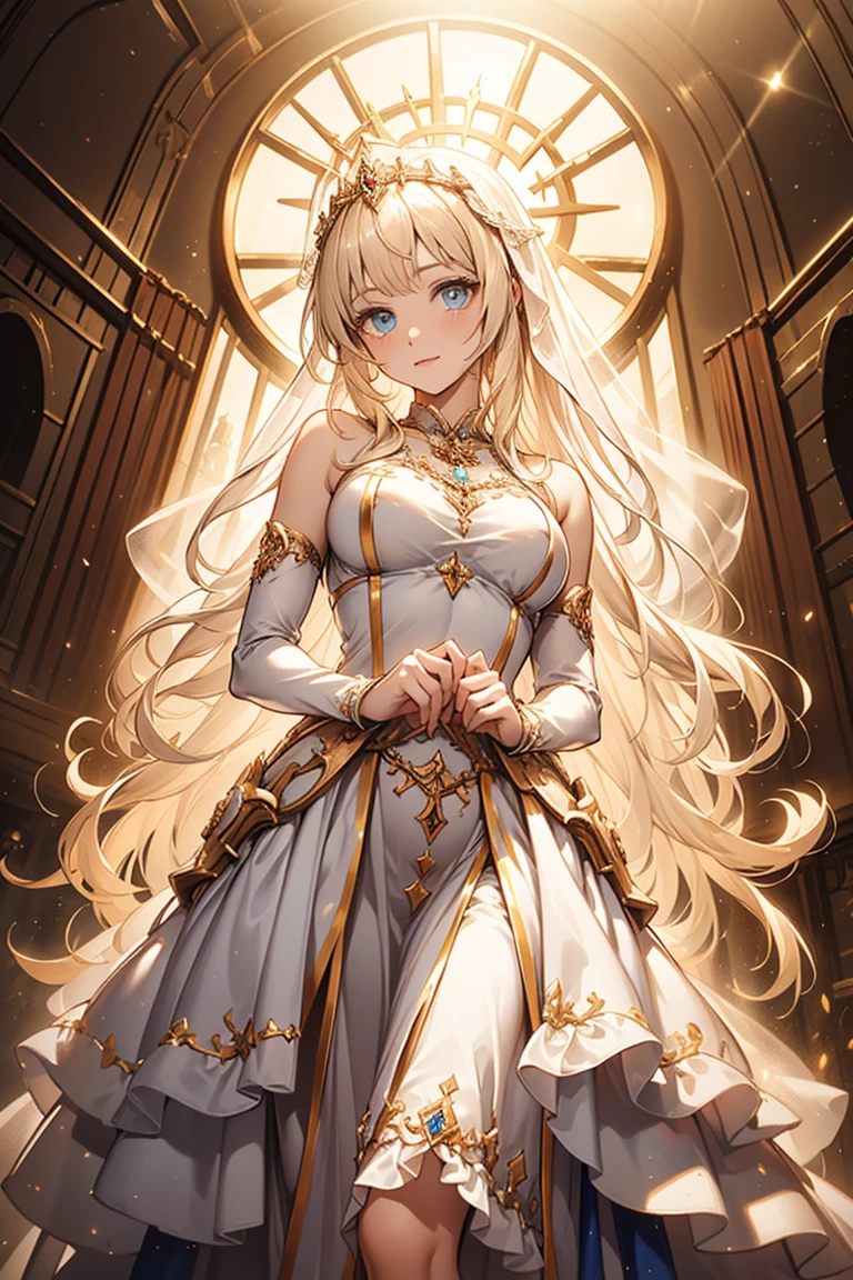 Teenage Girl，Fantasy World Princess，obsessed，Full Breasts，in love，sacred，(And the White Princess Dress:1.3)，Blonde hair and blue eyes，Blue eyes，Great Sword，holy sword，Super super details，Ruffles，大量Lace，(There are stripes on the clothes:1.2)，(Dress nicely:1.1)，(Layered Skirt),Sheer and transparent clothing，Beautiful and delicate face，Movie Lighting，night，The only person，Lace,(shine:1.2), (Best quality), (masterpiece:1.2),sparkling gemstones