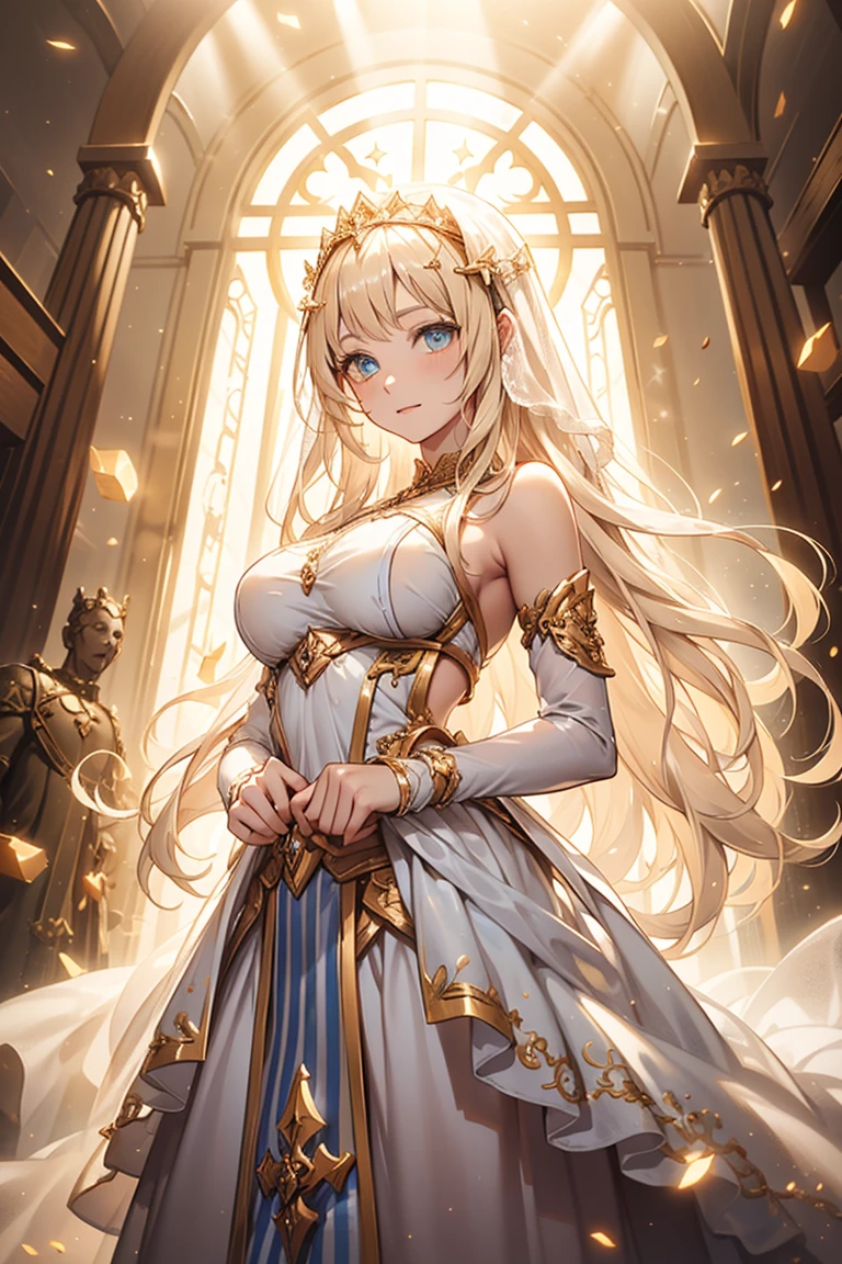 Teenage Girl，Fantasy World Princess，obsessed，Full Breasts，in love，sacred，(And the White Princess Dress:1.3)，Blonde hair and blue eyes，Blue eyes，Great Sword，holy sword，Super super details，Ruffles，大量Lace，(There are stripes on the clothes:1.2)，(Dress nicely:1.1)，(Layered Skirt),Sheer and transparent clothing，Beautiful and delicate face，Movie Lighting，night，The only person，Lace,(shine:1.2), (Best quality), (masterpiece:1.2),sparkling gemstones