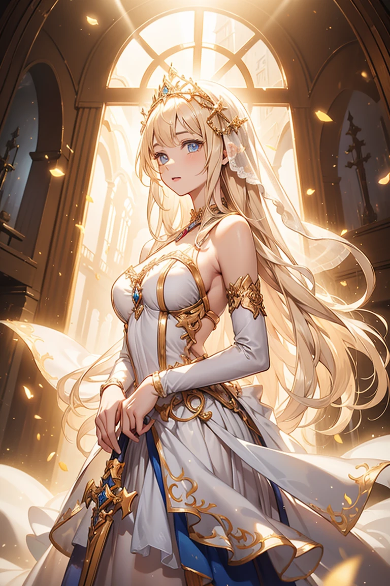 Teenage Girl，Fantasy World Princess，obsessed，Full Breasts，in love，sacred，(And the White Princess Dress:1.3)，Blonde hair and blue eyes，Blue eyes，Great Sword，holy sword，Super super details，Ruffles，大量Lace，(There are stripes on the clothes:1.2)，(Dress nicely:1.1)，(Layered Skirt),Sheer and transparent clothing，Beautiful and delicate face，Movie Lighting，night，The only person，Lace,(shine:1.2), (Best quality), (masterpiece:1.2),sparkling gemstones