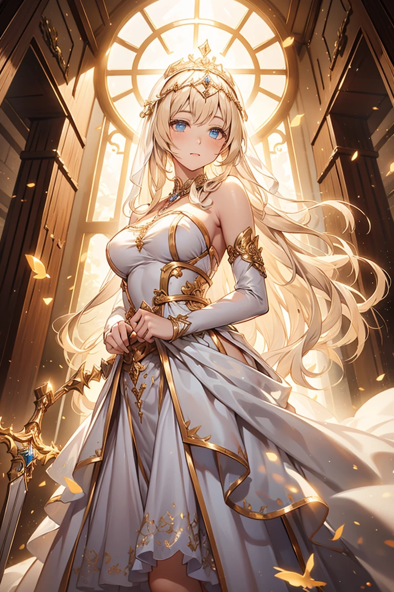 Teenage Girl，Fantasy World Princess，obsessed，Full Breasts，in love，sacred，(And the White Princess Dress:1.3)，Blonde hair and blue eyes，Blue eyes，Great Sword，holy sword，Super super details，Ruffles，大量Lace，(There are stripes on the clothes:1.2)，(Dress nicely:1.1)，(Layered Skirt),Sheer and transparent clothing，Beautiful and delicate face，Movie Lighting，night，The only person，Lace,(shine:1.2), (Best quality), (masterpiece:1.2),sparkling gemstones