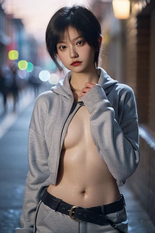 A woman, Thick sweatshirt with belly button, long sleeve, (bare abdomen, exposed navel), sexy abs, open navel，completely exposed abdomen, low rise shorts，exposed lower abdomen，mermaid line, ingle，metal belt, cowboy shot, Summer Street, 8k, Best Quality, masterpiece, photorealistic, ultra detailed, vivid colors, Professional lighting, cinematographic, dynamic pose, dramatic lighting, intricate details，looking to the camera