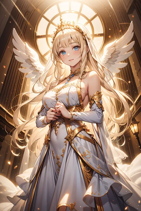 teenage girl，fantasy world princess，obsessed，full breasts，（angel wings），in love，sacred，(and the white princess dress:1.3)，blonde...