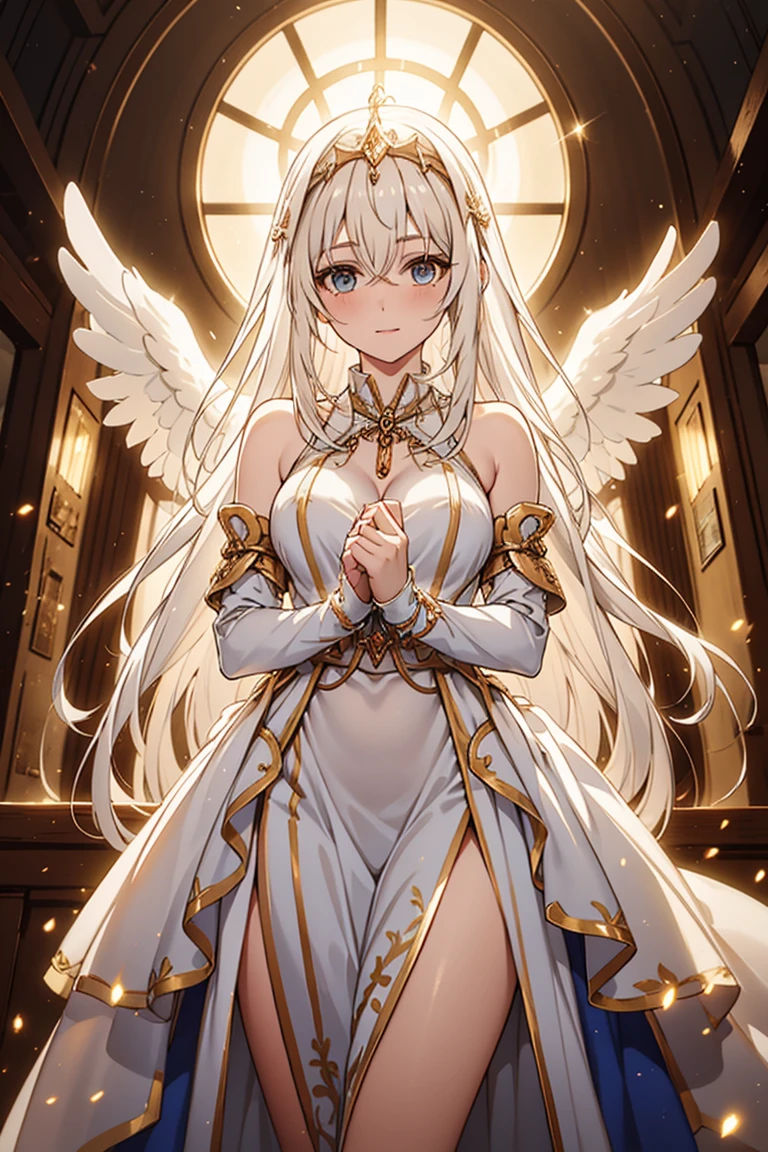 Teenage Girl，Fantasy World Princess，obsessed，Full Breasts，（Angel Wings），in love，sacred，(And the White Princess Dress:1.3)，Blonde hair and blue eyes，Blue eyes，Great Sword，holy sword，Super super details，Ruffles，大量Lace，(There are stripes on the clothes:1.2)，(Dress nicely:1.1)，(Layered Skirt),Sheer and transparent clothing，Beautiful and delicate face，Movie Lighting，night，The only person，Lace,(shine:1.2), (Best quality), (masterpiece:1.2),sparkling gemstones