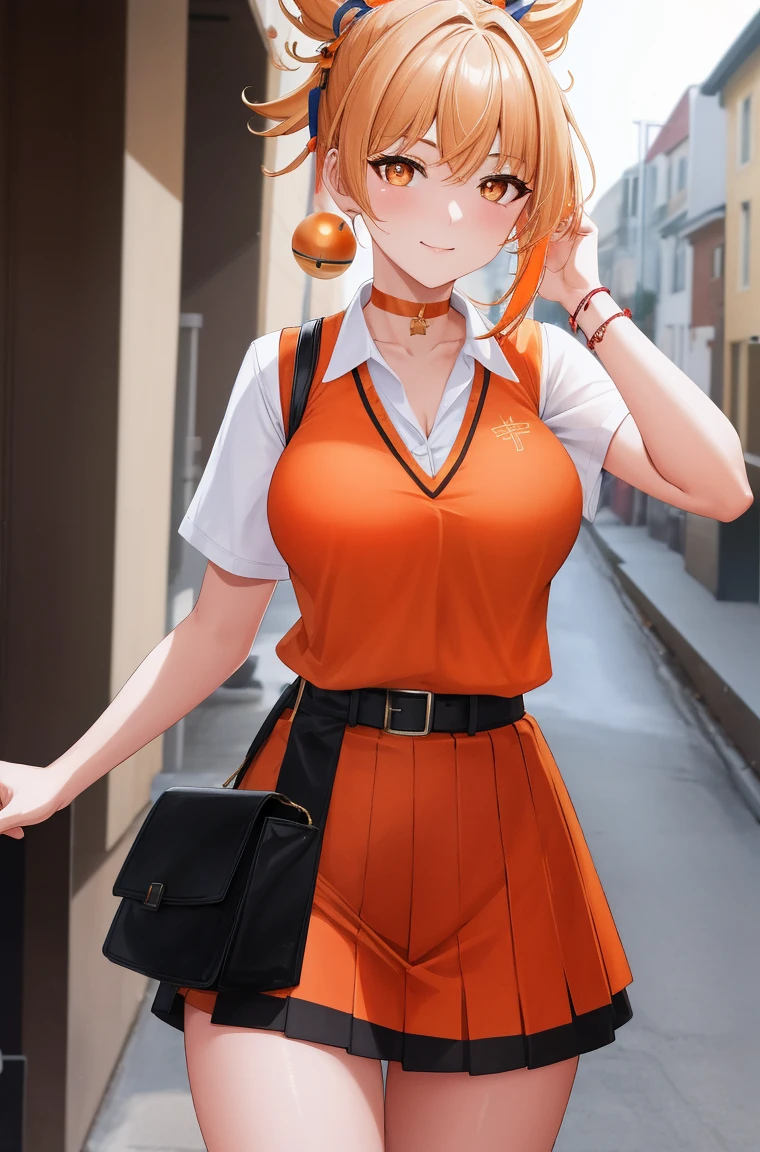 (day:1.7), standing in front of  a building in the background,
school_uniform,short_sleeves,Red skirt ,sweater vest, White collared shirt, 
yoimiya, arm tattoo, choker, hair ornament, light brown hair, long hair, (orange eyes:1.5), red choker, sidelocks,
1 girl, 20yo,young female,Beautiful Finger,Beautiful long legs,Beautiful body,Beautiful Nose,Beautiful character design, perfect eyes, perfect face,
looking at viewer, (innocent_big_eyes:1.0),(expressionless:1.3),seductive pose.teasing smile, 
NSFW,official art,extremely detailed CG unity 8k wallpaper, perfect lighting,Colorful, Bright_Front_face_Lighting,
(masterpiece:1.0),(best_quality:1.0), ultra high res,4K,ultra-detailed,
photography, 8K, HDR, highres, absurdres:1.2, Kodak portra 400, film grain, blurry background, bokeh:1.2, lens flare, (vibrant_color:1.2)
(Beautiful,medium_Breasts:1.4), (beautiful_face:1.5),(narrow_waist),(perfect anatomy,perfect fingers),