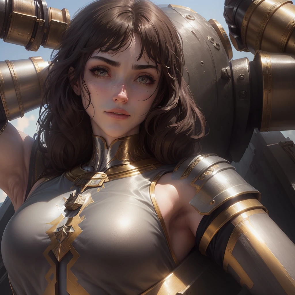 a close-up of a beautiful muscular girl in iron armor from the Middle Ages, metallic armor, wearing battle armor, ((best qualityer)), ((work of art)), (detailded), close-High above person, long hair, (Fantasyart:1.3), beautiful cyborg girl, highly detailded face, beautiful fine art illustration, (portrait composition:1.3), (8K resolution:1.2), (assessment_explicit), (punctuation_9, punctuation_8_High above, punctuation_7_High above, punctuation_6_High above, punctuation_5_High above, punctuation_4_High above, high resolution, 4K)