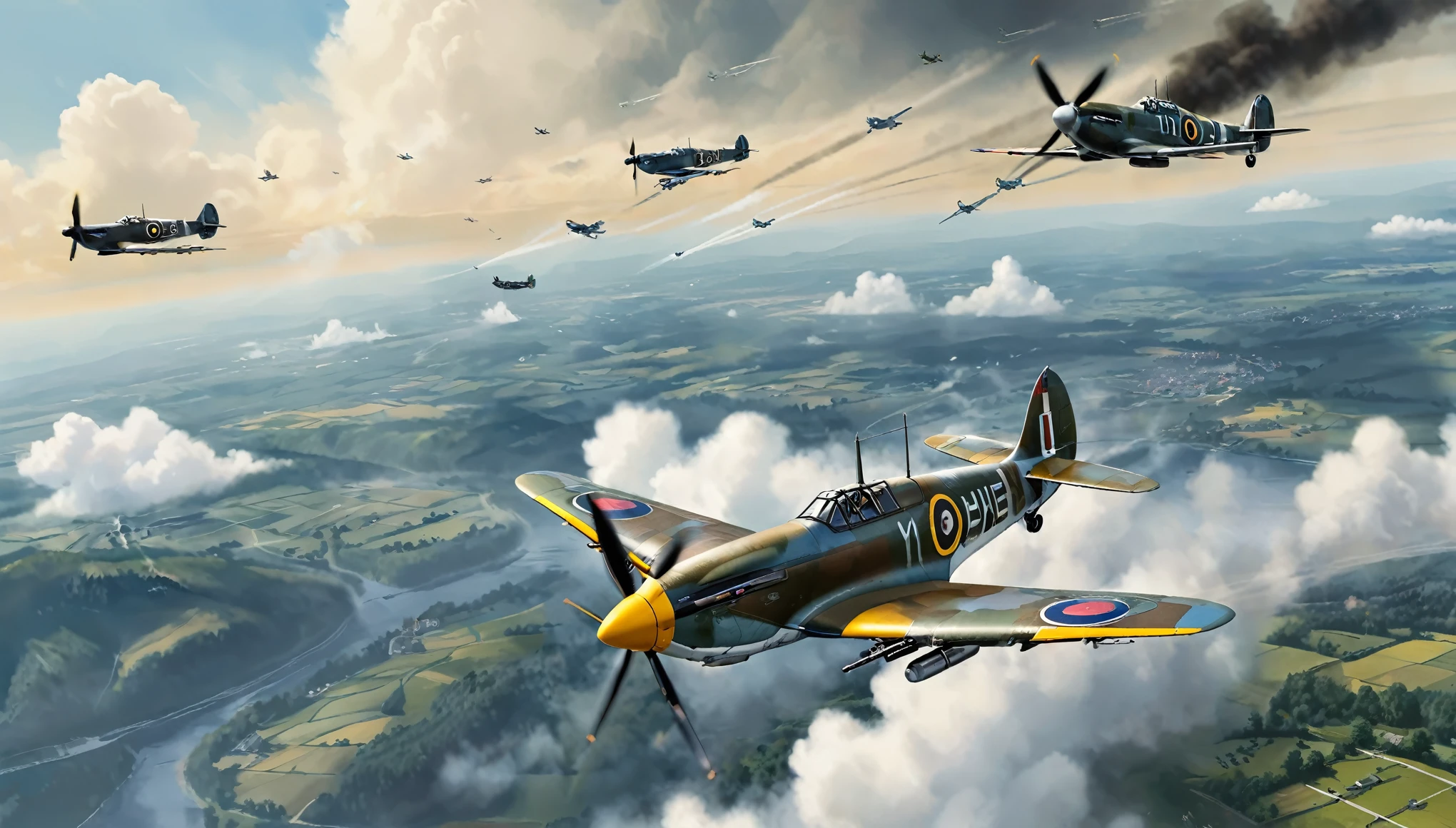 Create an ilustration in landscape position with dimensions of 210mm x 90mm depicting an aerial battle during World War II. In the center of the scene, show a British Spitfire fighter plane, with its distinctive markings and camouflage, performing an agile and bold maneuver while engaging several German Bf-109 fighter planes. The Bf-109s should be in attacking positions, with their typical Luftwaffe colors and markings. The sky should be dramatic, with clouds of smoke and tracer fire to indicate the intensity of the aerial combat. Include details like explosions and debris in the background to emphasize the ferocity of the battle. The setting can be a European landscape, such as a cloudy sky or a mountainous region in the distance. Make sure to capture the sense of speed and tension, with the planes in dynamic positions and the atmosphere charged with action and urgency.