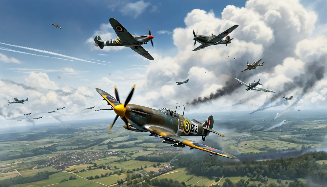 Create an ilustration in landscape position with dimensions of 210mm x 90mm depicting an aerial battle during World War II. In the center of the scene, show a British Spitfire fighter plane, with its distinctive markings and camouflage, performing an agile and bold maneuver while engaging several German Bf-109 fighter planes. The Bf-109s should be in attacking positions, with their typical Luftwaffe colors and markings. The sky should be dramatic, with clouds of smoke and tracer fire to indicate the intensity of the aerial combat. Include details like explosions and debris in the background to emphasize the ferocity of the battle. The setting can be a European landscape, such as a cloudy sky or a mountainous region in the distance. Make sure to capture the sense of speed and tension, with the planes in dynamic positions and the atmosphere charged with action and urgency.