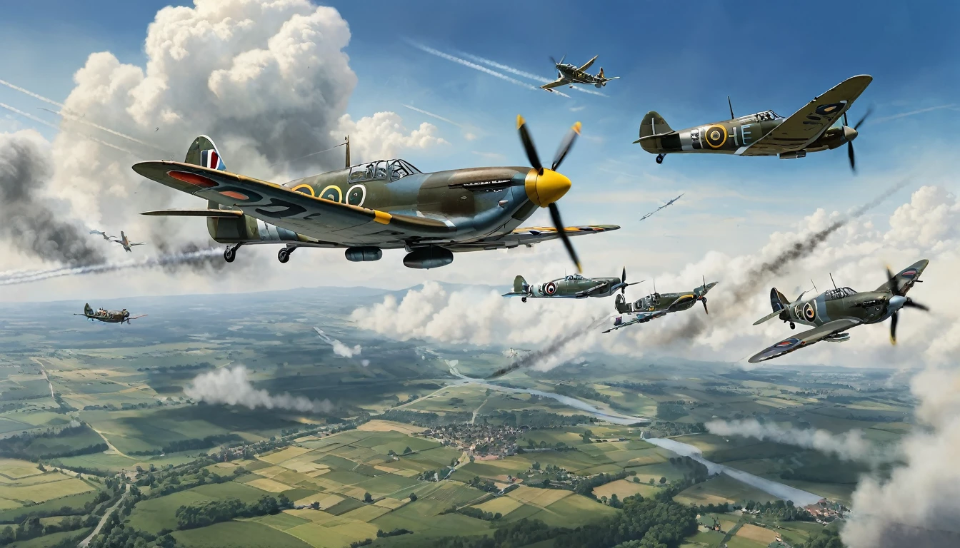 Crie uma ilustração em posição paisagem com dimensões de 210mm x 90mm retratando uma batalha aérea durante a Segunda Guerra Mundial. No centro da cena, Mostre um caça britânico Spitfire, com suas marcas e camuflagem distintivas, realizando uma manobra ágil e ousada enquanto engaja vários caças alemães Bf-109. Os Bf-109s devem estar em posições de ataque, com suas cores e marcas típicas da Luftwaffe. O céu deveria ser dramático, com nuvens de fumaça e fogo traçador para indicar a intensidade do combate aéreo. Inclua detalhes como explosões e destroços em segundo plano para enfatizar a ferocidade da batalha. A cena pode ser uma paisagem europeia, como um céu nublado ou uma região montanhosa ao longe. Certifique-se de capturar a sensação de velocidade e tensão, com os aviões em posições dinâmicas e a atmosfera carregada de ação e urgência.