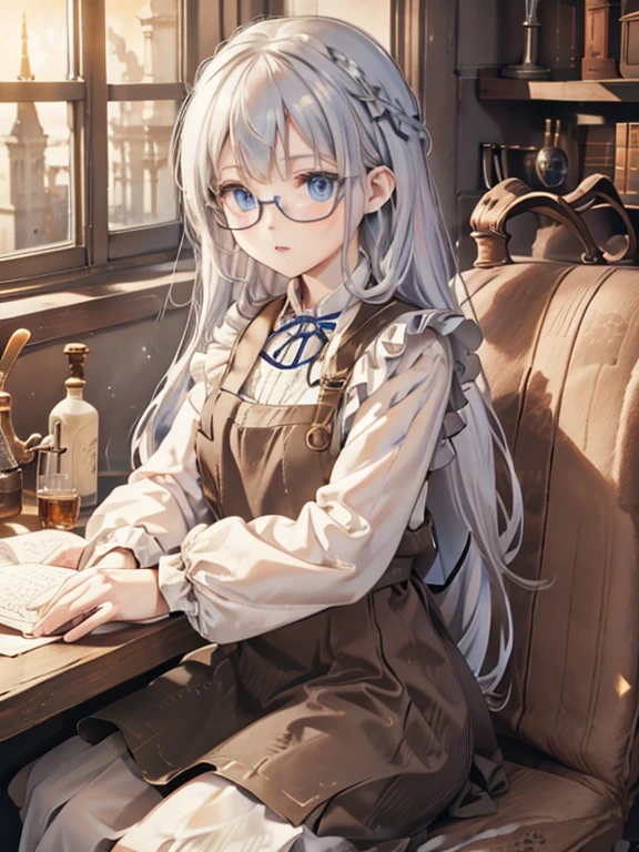 masterpiece, Highest quality, Very detailed, 8k, Ultra-high resolution, Cowboy Shot, One Girl, 8-year-old, Detailed face, Perfect Fingers, blue eyes, Glasses, Silver Hair, Long Hair, Braiding, Black Dress, White apron, Luxurious Western-style building, library, Bookshelf, table, (Sit on a chair:1.7), I read a book, renaissance_Alchemist_studio