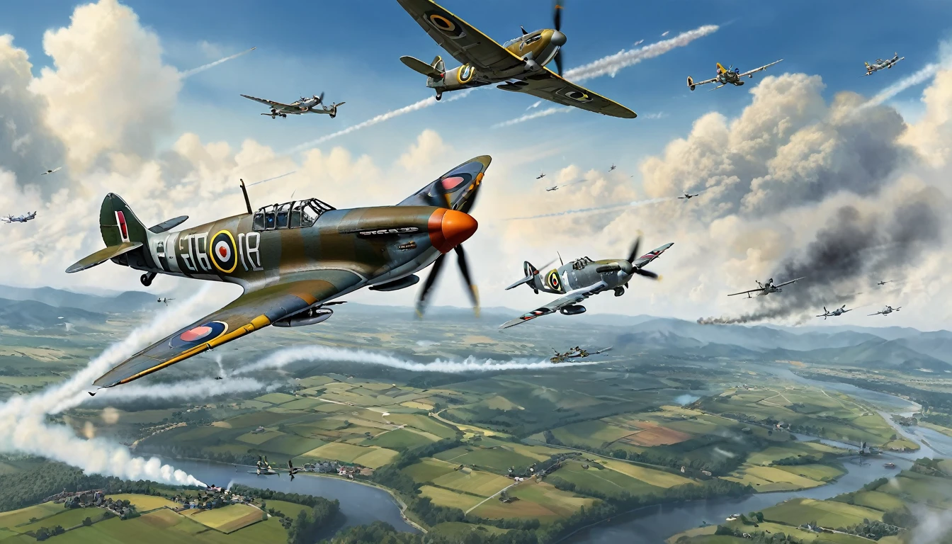 Crie uma ilustração em posição paisagem com dimensões de 210mm x 90mm retratando uma batalha aérea durante a Segunda Guerra Mundial. No centro da cena, Mostre um caça britânico Spitfire, com suas marcas e camuflagem distintivas, realizando uma manobra ágil e ousada enquanto engaja vários caças alemães Bf-109. Os Bf-109s devem estar em posições de ataque, com suas cores e marcas típicas da Luftwaffe. O céu deveria ser dramático, com nuvens de fumaça e fogo traçador para indicar a intensidade do combate aéreo. Inclua detalhes como explosões e destroços em segundo plano para enfatizar a ferocidade da batalha. A cena pode ser uma paisagem europeia, como um céu nublado ou uma região montanhosa ao longe. Certifique-se de capturar a sensação de velocidade e tensão, com os aviões em posições dinâmicas e a atmosfera carregada de ação e urgência.