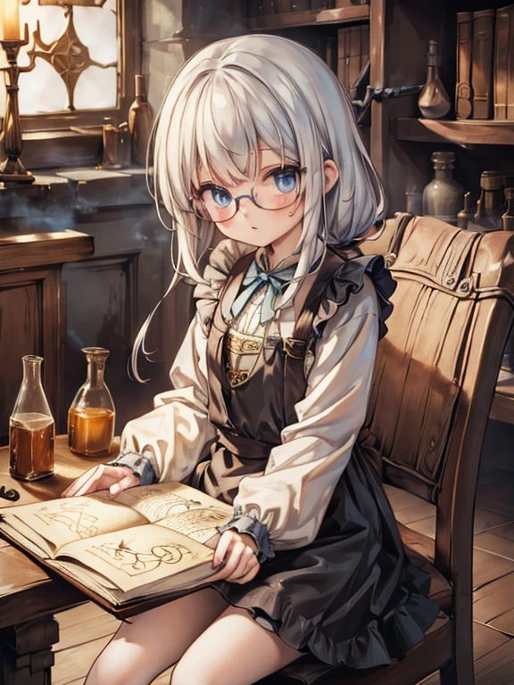 masterpiece, Highest quality, Very detailed, 8k, Ultra-high resolution, Cowboy Shot, One Girl, 6 years old, Detailed face, Perfect Fingers, blue eyes, Glasses, Silver Hair, Long Hair,  Braiding, Black Dress, White apron, Luxurious Western-style building, library, Bookshelf, table, (Sit on a chair:1.7), I read a book, renaissance_Alchemist_studio