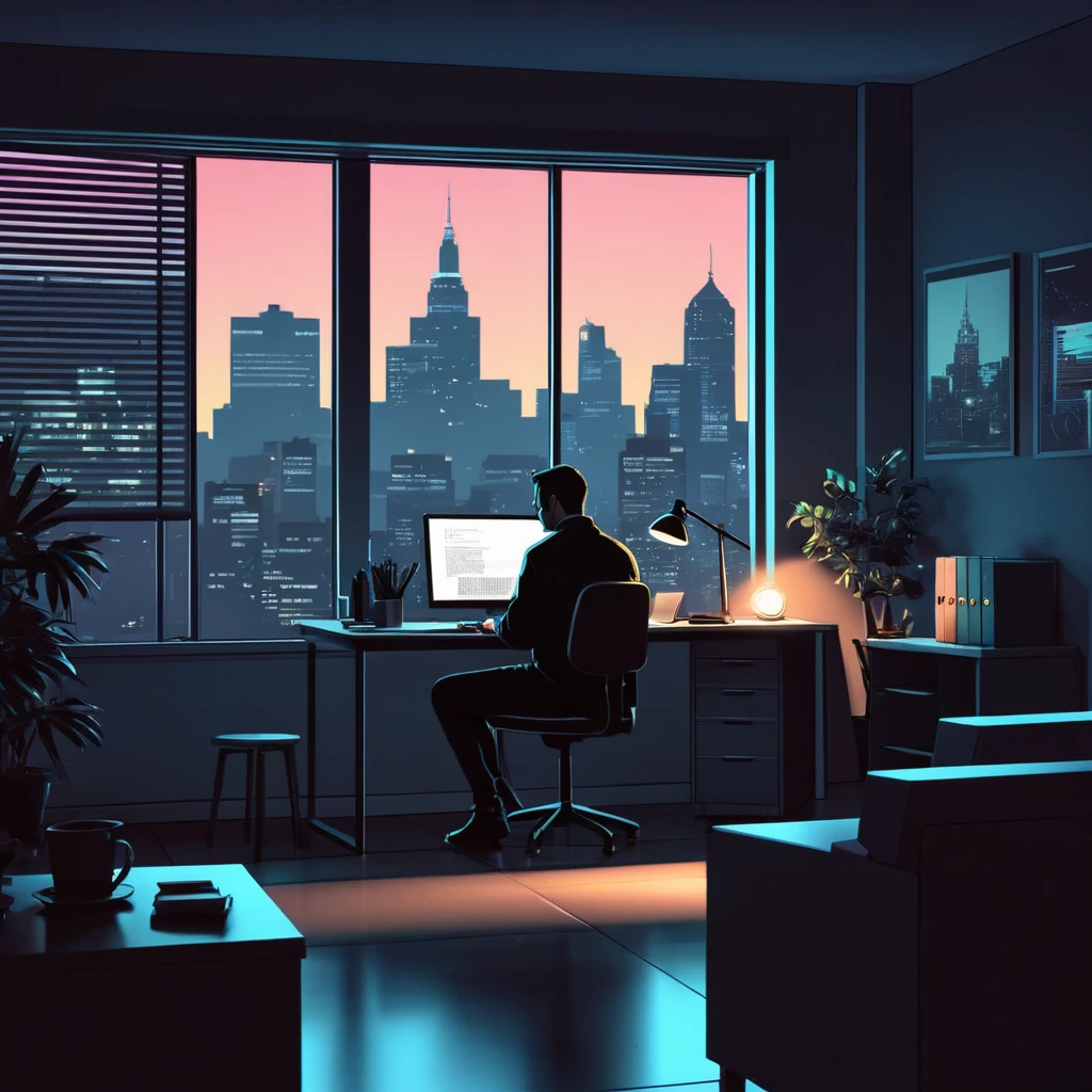 dimly lit office with a man sitting at a desk in front of a window, calm night. digital illustration, detailed 2d illustration, high contrast illustrations, in style of laurie greasley, dan mumford. maya render, background artwork, official illustration, keyframe illustration, 2d digital illustration, laurie greasley, 2 d illustration, programmer, 2d illustration