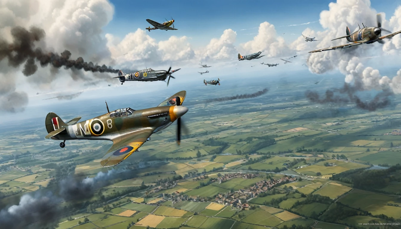 Create an ilustration in landscape position with dimensions of 210mm x 90mm depicting an aerial battle during World War II. In the center of the scene, show a British Spitfire fighter plane, with its distinctive markings and camouflage, performing an agile and bold maneuver while engaging several German Bf-109 fighter planes. The Bf-109s should be in attacking positions, with their typical Luftwaffe colors and markings. The sky should be dramatic, with clouds of smoke and tracer fire to indicate the intensity of the aerial combat. Include details like explosions and debris in the background to emphasize the ferocity of the battle. The setting can be a European landscape, such as a cloudy sky or a mountainous region in the distance. Make sure to capture the sense of speed and tension, with the planes in dynamic positions and the atmosphere charged with action and urgency.