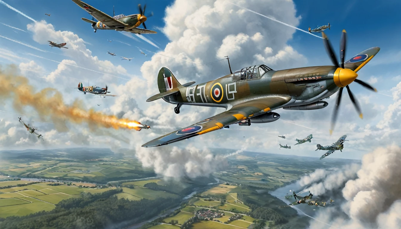 Create an ilustration in landscape position with dimensions of 210mm x 90mm depicting an aerial battle during World War II. In the center of the scene, show a British Spitfire fighter plane, with its distinctive markings and camouflage, performing an agile and bold maneuver while engaging several German Bf-109 fighter planes. The Bf-109s should be in attacking positions, with their typical Luftwaffe colors and markings. The sky should be dramatic, with clouds of smoke and tracer fire to indicate the intensity of the aerial combat. Include details like explosions and debris in the background to emphasize the ferocity of the battle. The setting can be a European landscape, such as a cloudy sky or a mountainous region in the distance. Make sure to capture the sense of speed and tension, with the planes in dynamic positions and the atmosphere charged with action and urgency.