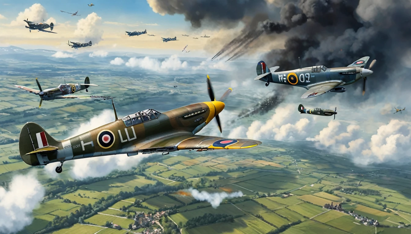 Create an ilustration in landscape position with dimensions of 210mm x 90mm depicting an aerial battle during World War II. In the center of the scene, show a British Spitfire fighter plane, with its distinctive markings and camouflage, performing an agile and bold maneuver while engaging several German Bf-109 fighter planes. The Bf-109s should be in attacking positions, with their typical Luftwaffe colors and markings. The sky should be dramatic, with clouds of smoke and tracer fire to indicate the intensity of the aerial combat. Include details like explosions and debris in the background to emphasize the ferocity of the battle. The setting can be a European landscape, such as a cloudy sky or a mountainous region in the distance. Make sure to capture the sense of speed and tension, with the planes in dynamic positions and the atmosphere charged with action and urgency.