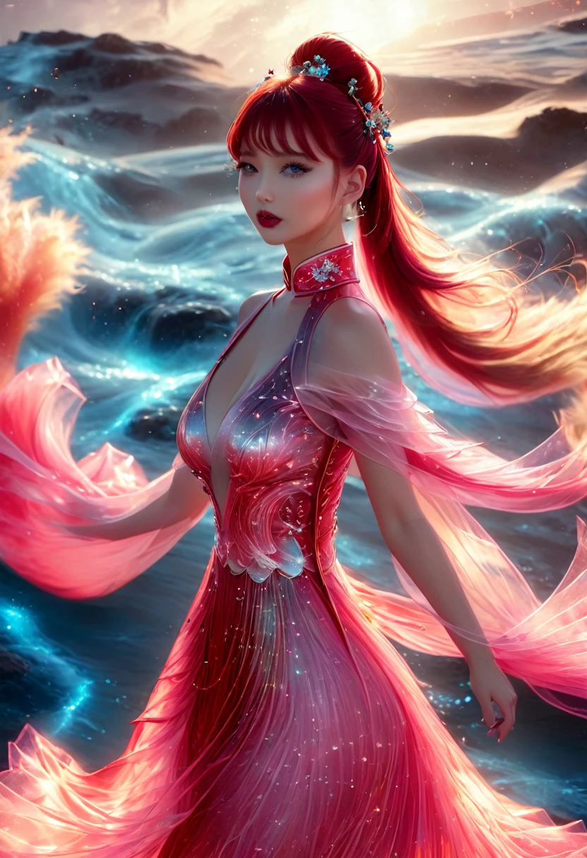 8K Ultra HD, Masterpiece, Best quality, A beautiful girl, very long hair, Impressive hairstyle, Royal hair accessories, nice and cute face, Flawless face, Jewelry earrings, detailed eyes, beautiful eyes, meticulous makeup, Thin eyebrows, Beautiful red lips, huge breasts, Thin pink flowing dress, long bangs and long platinum-red ponytail, Realistic colors, Magic effects and magical aura, ancient hanfu background, flying in the air , Full body capture,