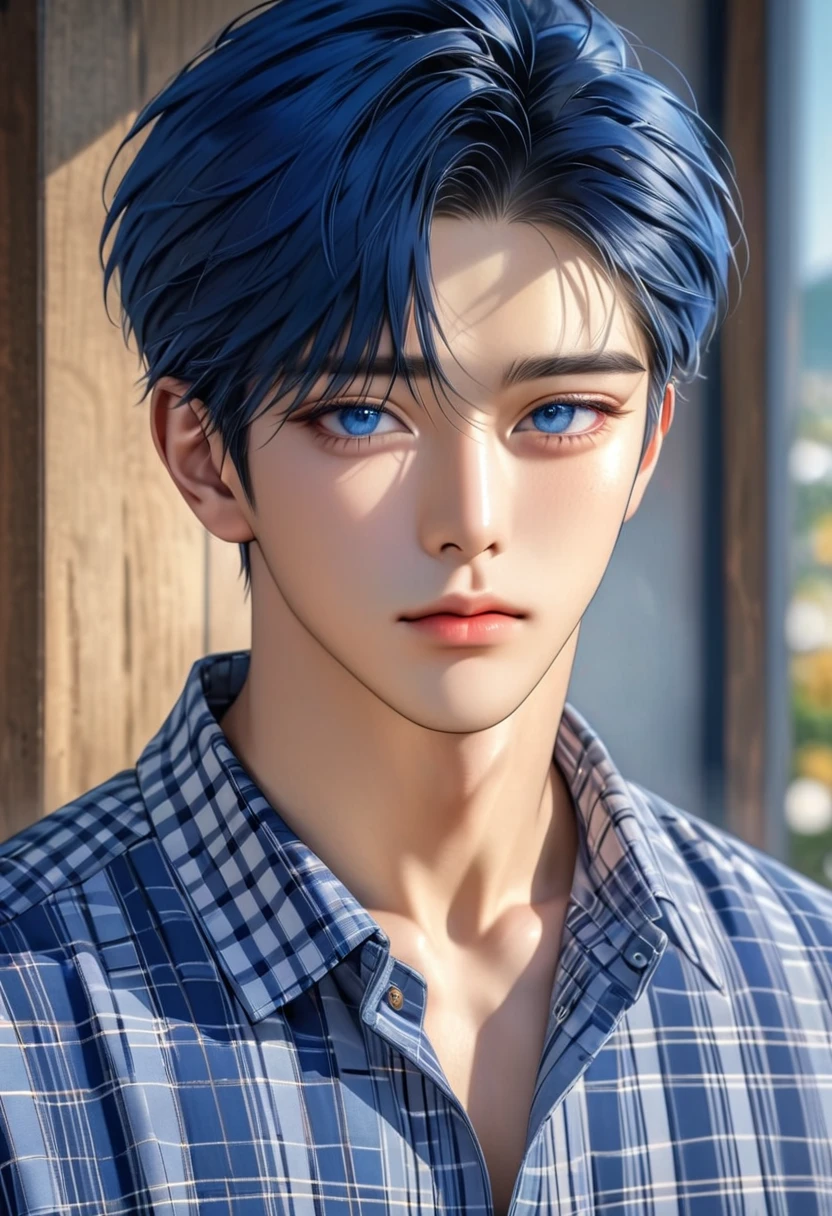 (absurdres, highres, ultra detailed, HDR) master piece, best quality, extremely detailed face, delicated features, Korean Men, 1 person, Subject Focus, blue eyes, Eyes are clear and delicate, Perfect facial proportions, perfect face, perfect beauty, incredibly handsome man, navy blue hair, Oversized checked shirt, blurred background, 4K