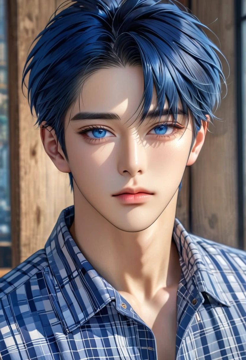 (absurdres, highres, ultra detailed, HDR) master piece, best quality, extremely detailed face, delicated features, Korean Men, 1 person, Subject Focus, blue eyes, Eyes are clear and delicate, Perfect facial proportions, perfect face, perfect beauty, incredibly handsome man, navy blue hair, Oversized checked shirt, blurred background, 4K