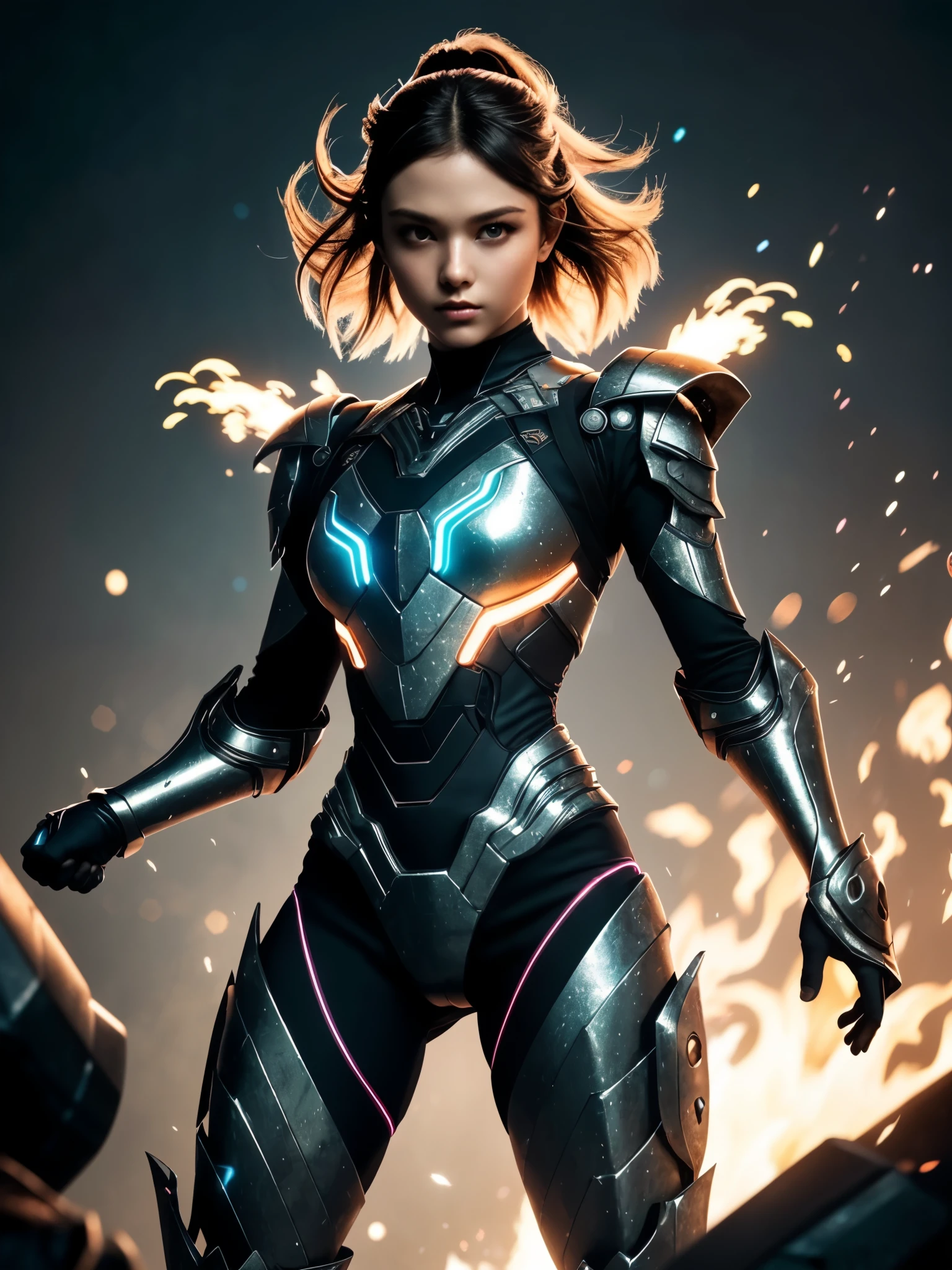 1girl, glowing particles, exoskeleton-like armor, super intricate details, metallic texture, sharp focus, floating fire particles, blurry background, bokeh, high quality, masterpiece, unknown creature, neon pop abstract, cinematic lighting, flowing bubbles, vivid, complex image, powerful and strong, dynamic pose, battle-ready stance, warrior-like presence,