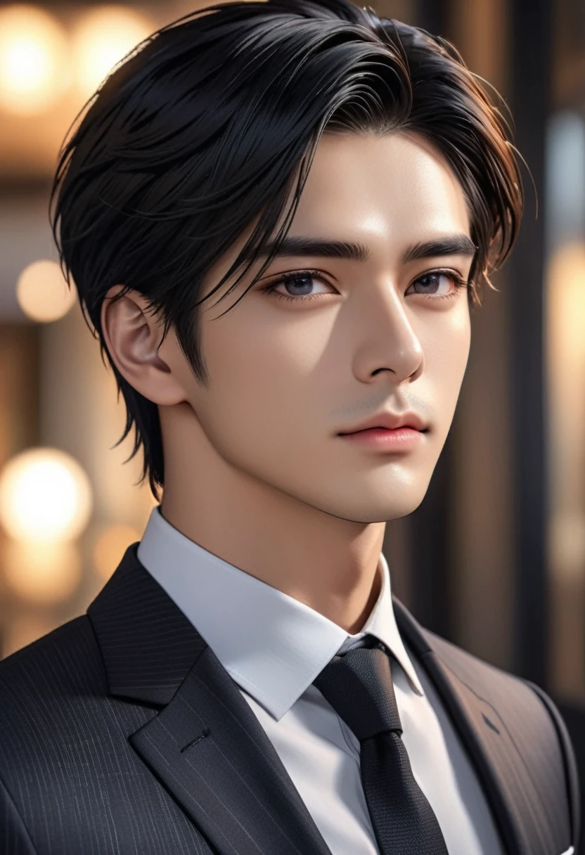 (absurdres, highres, ultra detailed, HDR) master piece, best quality, extremely detailed face, delicated features, 1 person, Subject Focus, black eyes, Eyes are clear and delicate, Perfect facial proportions, perfect face, perfect beauty, incredibly handsome man, black hair, suit, blurred background, 4K