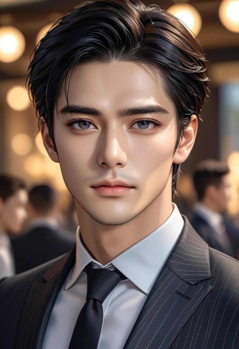 (absurdres, highres, ultra detailed, HDR) master piece, best quality, extremely detailed face, delicated features, 1 person, Subject Focus, black eyes, Eyes are clear and delicate, Perfect facial proportions, perfect face, perfect beauty, incredibly handsome man, black hair, suit, blurred background, 4K