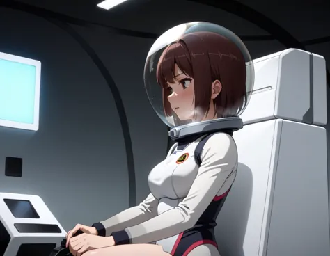 (spacesuit:1.15), white cargo pants,  space helmet , , indoors, masterpiece, best quality, 1girl, solo, short hair, , , tremblin...