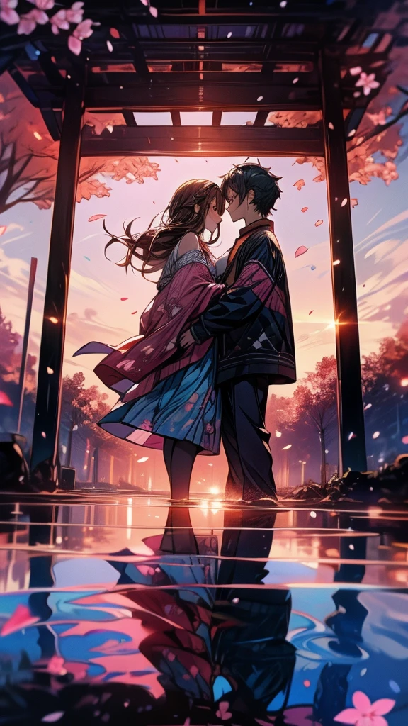 A couple embraces beneath a vibrant sunset sky, with cherry blossom trees in the background. 