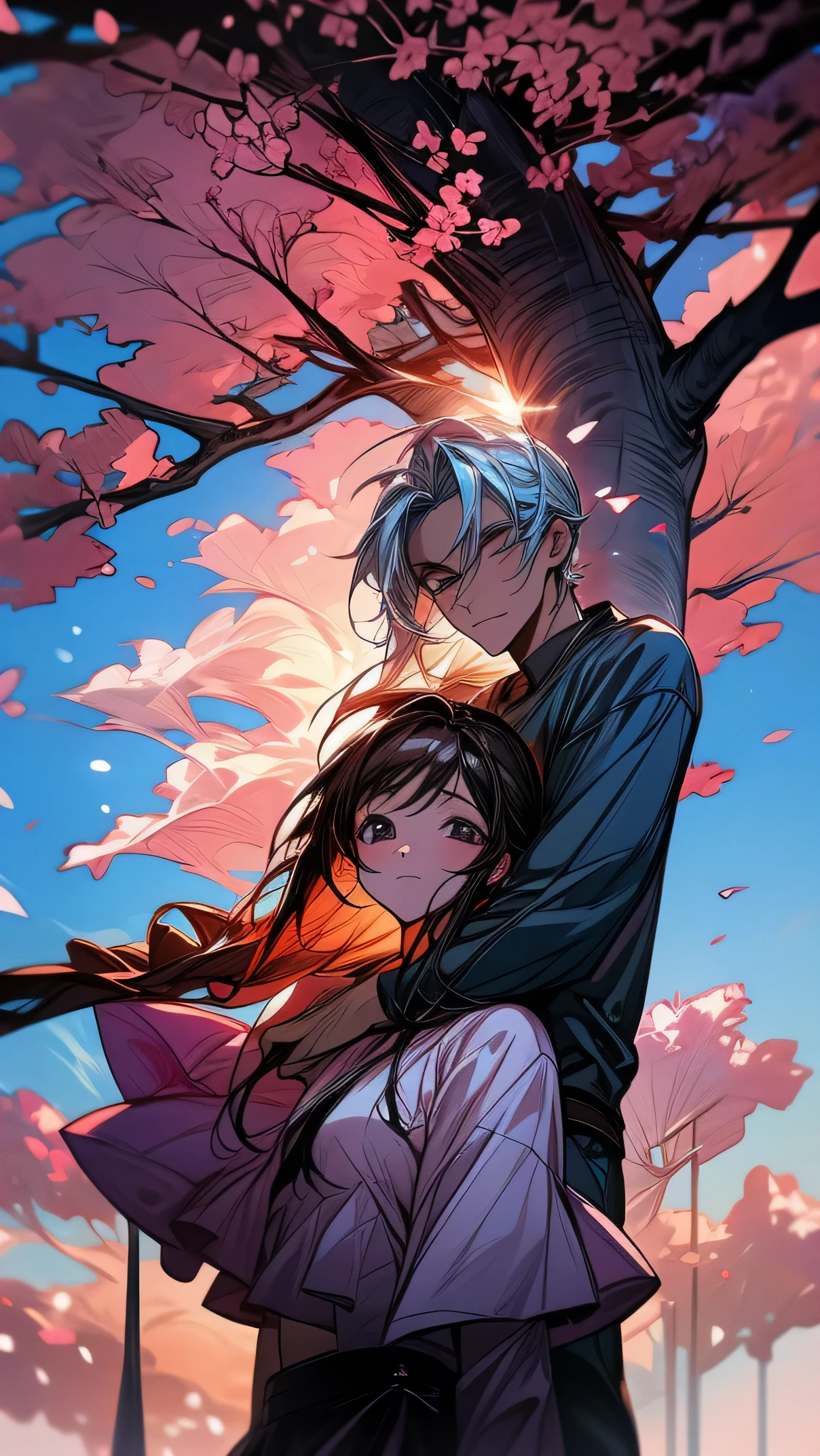 couple sunset colorful clouds cherry blossom tree 