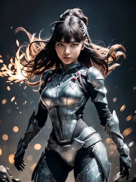 1girl, glowing particles, exoskeleton-like armor, super intricate details, metallic texture, (cute:1.5), (breasts:1.2), sharp fo...