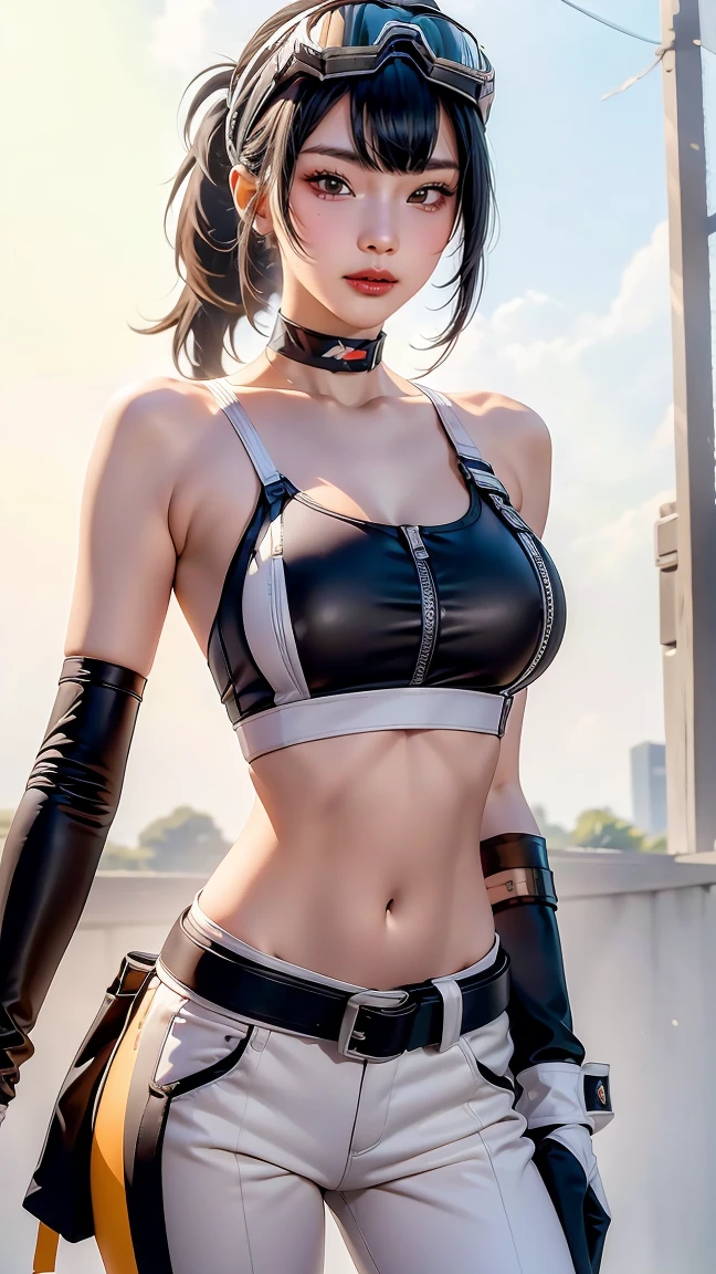 (masterpiece, best quality:1.2), 1girl, solo, Grace Howard, Grace Howard from Zenless Zone Zero, bare shoulders, black choker, black gloves, white gloves, black pants, ((black sports bra)), elbow gloves, ((goggles on head)), looking at viewer, low ponytail, medium breasts, midriff, navel, parted lips, white gloves, zipper, belt
\