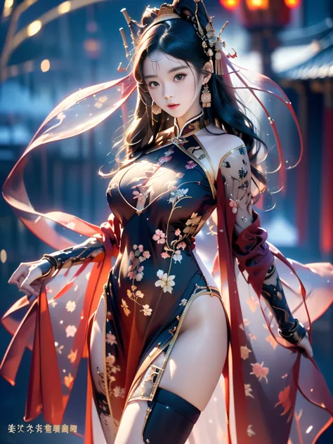 a female model, (race:chinese),((ancient chinese pavilions at night, moonlight, snow)), (8k ultra hd, 8k, ultra-high resolution,...