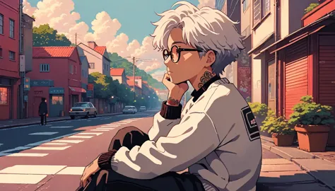 alone, lofi artstyle, lofi art, city, town, 80s anime style, retro, lo-fi, masterpiece, best quality, (extremely detailed cg uni...