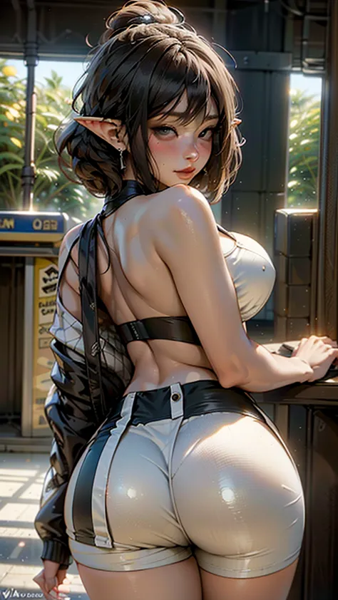 ((masterpiece, best-quality, ultra_detailed)), female elf dressed in latex booty shorts, gorgeous, attractive, african, voluptuo...