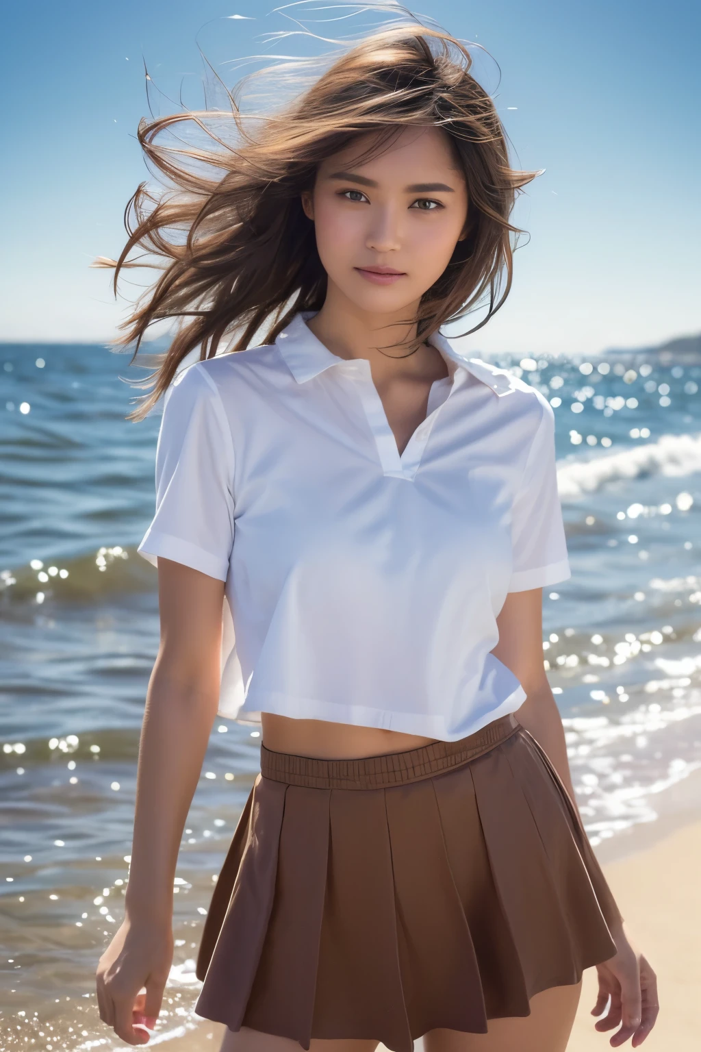 realistic, photogenic, full-body footage, with the sea in the background, wearing school uniform, the top button of the upper cloth is open, skirt is short and just reaching above the thighs, medeum-length hair, hair color mixes bronde and brown, hair is blowing in the wind, hair is shaggy and dishevelled, very sunburned and tanned skin, medium build a little bit chubbily figure, small breasts, skin is shining with sweat, no makeup, small mouth, small nose, smooth shaped jawline, glossy face, heavy flushed cheeks, big smile while open mouth, flirting, looks like having a great time, easing someone, detailed eyes, slanted eyebrows, detailed lips, photorealistic, highly detailed, 8k, best quality, masterpiece, vibrant colors, dramatic lighting, cinematic composition, digital art