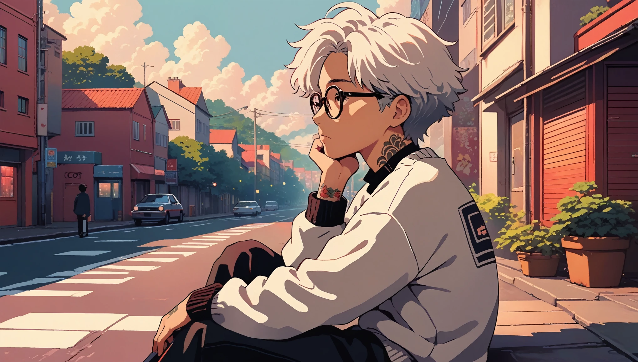 alone, lofi artstyle, lofi art, city, town, 80s anime style, Retro, Lo-Fi, masterpiece, best quality, (extremely detailed CG unity 8k wallpaper), (best quality), (best illustration), (best shadow), absurdres, realistic lighting, (Abyss), beautiful detailed glow, lofi boy, solo, Spikey Hair, red hair, simple background, long sleeves, 1boy, sitting, upper body, white hair, male focus, glasses, grey background, sweater, tattoo, head rest, arm tattoo, neck tattoo
