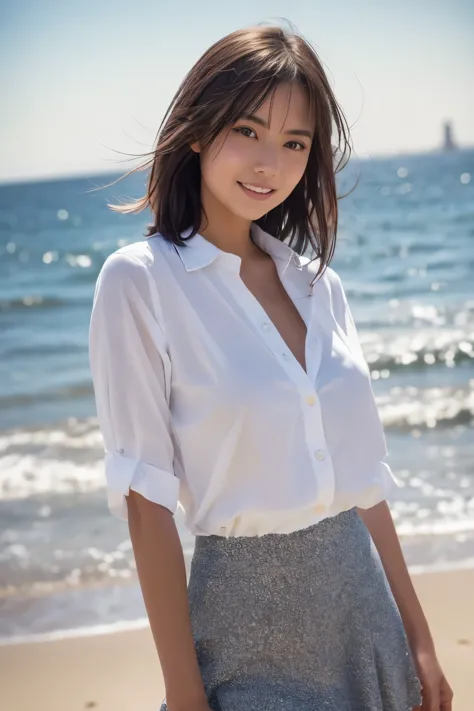 realistic, photogenic, with the sea in the background, wearing school uniform, the top button of the upper cloth is open, a litt...