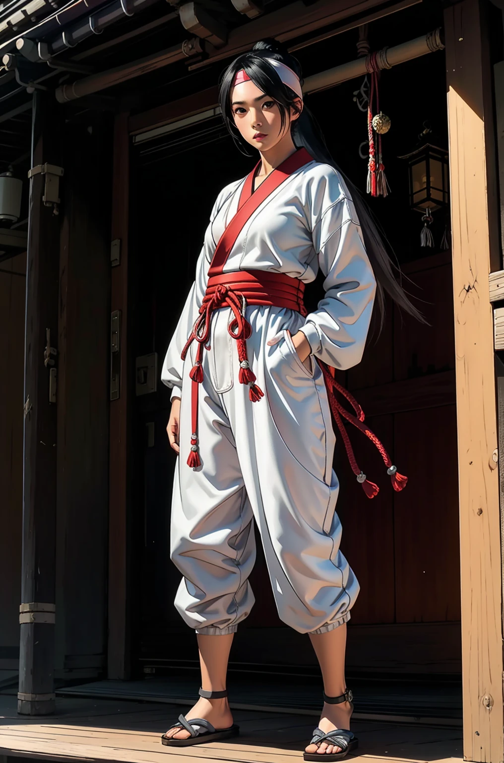 1 female, wearing headband, wearing white ninja costume, standing inside japanese traditional house, serious, fullbody shot, pose, 